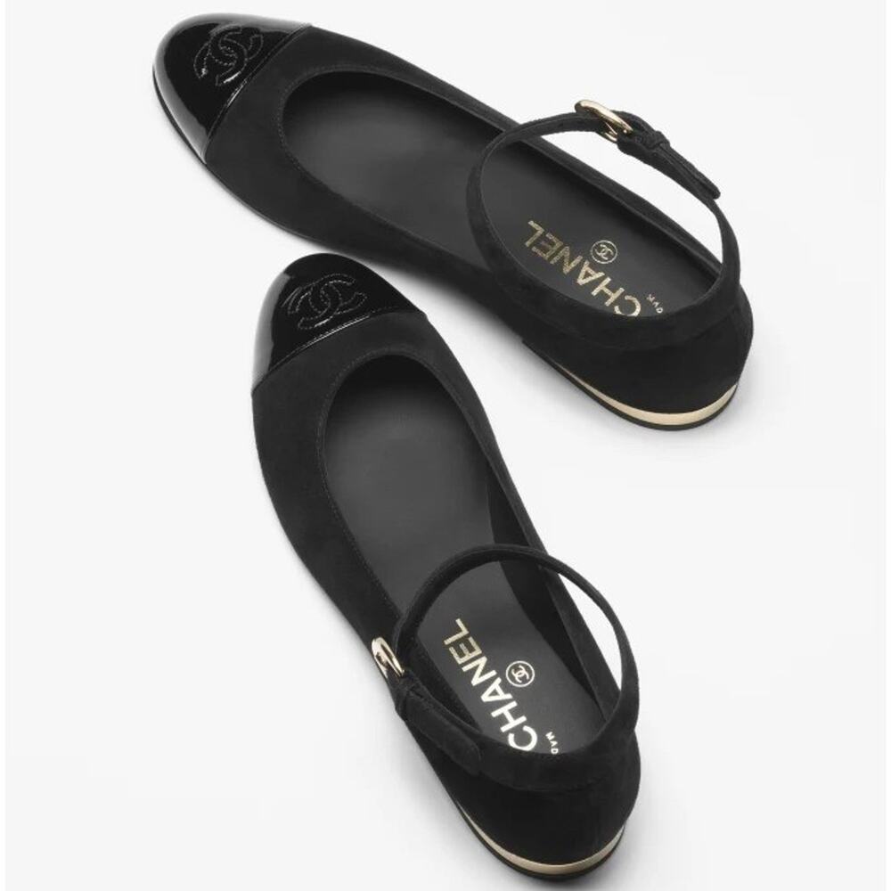 Chanel 24K Black Suede Patent CC Mary Jane Ankle Strap Ballerina Ballet Flat 40 - Picture 14 of 16